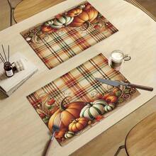 1/4/6pcs Autumn Series Plaid Pumpkin Vintage Pattern Printed Placemats, Heat-Resistant Table Mats For Home Kitchen/Kitchen Table Protection, Party Scene Decoration - Multicolor - View 9