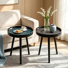 Bohemian Round Side Table,Plastic With Handles,Blue Maze Pattern Side Table,Modern Vanity And Serving For Ottoman,Coffee Table,Kitchen And Bathroom,Small Home Furniture,For Living Room,Bedroom,Balcony,Ideal Holiday Housewarming Gift - Black - View 5