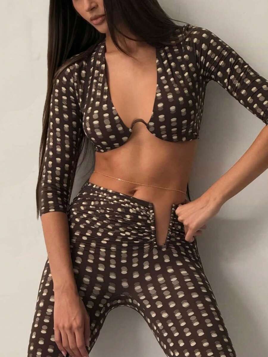 Women's Polka Dot Print Deep V-Neck Long Sleeve Cropped Top With Pleated Slim Fit Pants Set - Brown - View 1