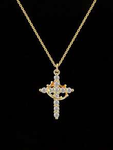 1pc Exquisite Crown Cross Pendant Necklace, Religious Prayer Jewelry, Suitable For Daily Wear And Back To School Season (Crown Direction Random) - Crown - View 1