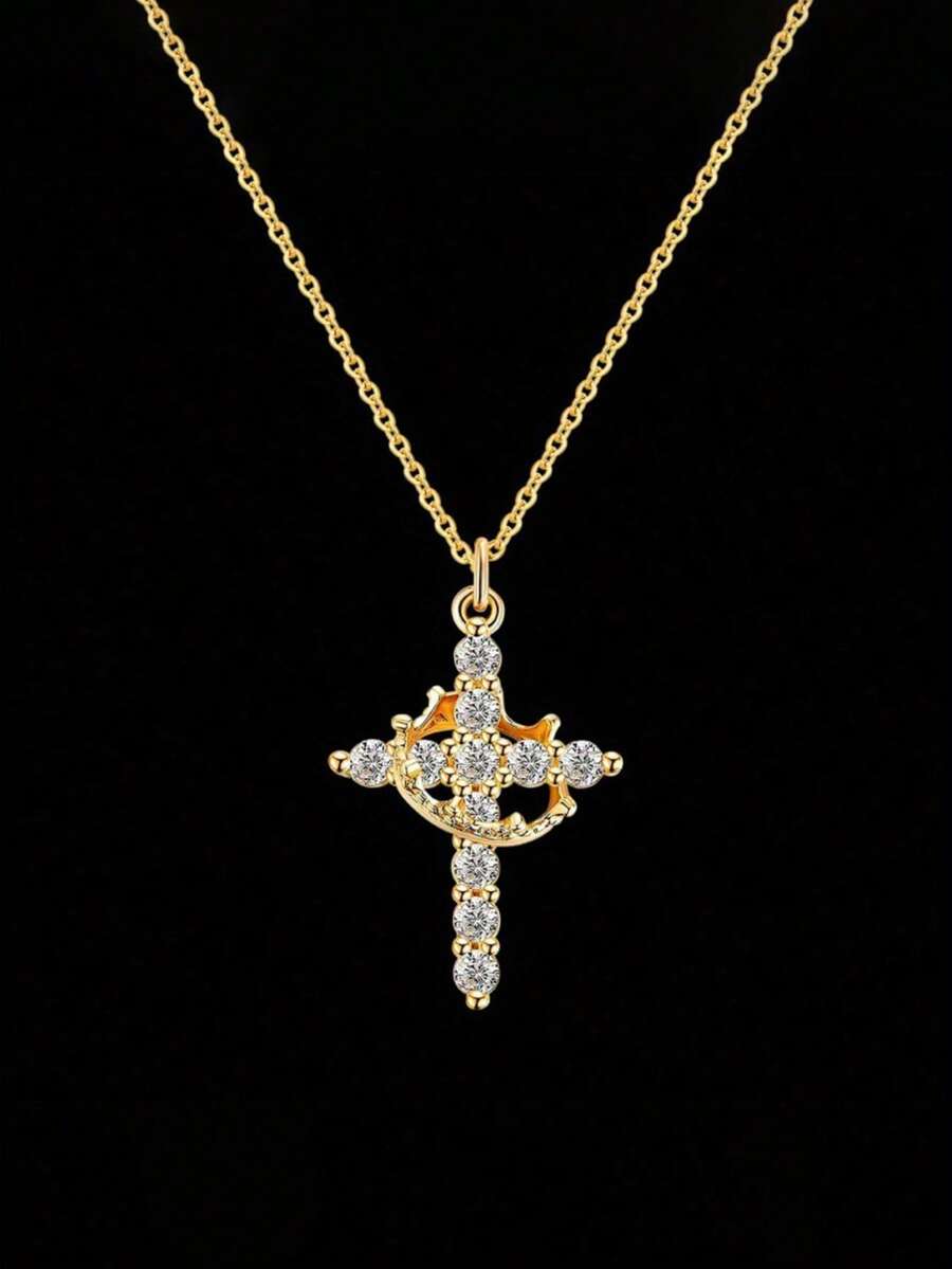 1pc Exquisite Crown Cross Pendant Necklace, Religious Prayer Jewelry, Suitable For Daily Wear And Back To School Season (Crown Direction Random) - Crown - View 1
