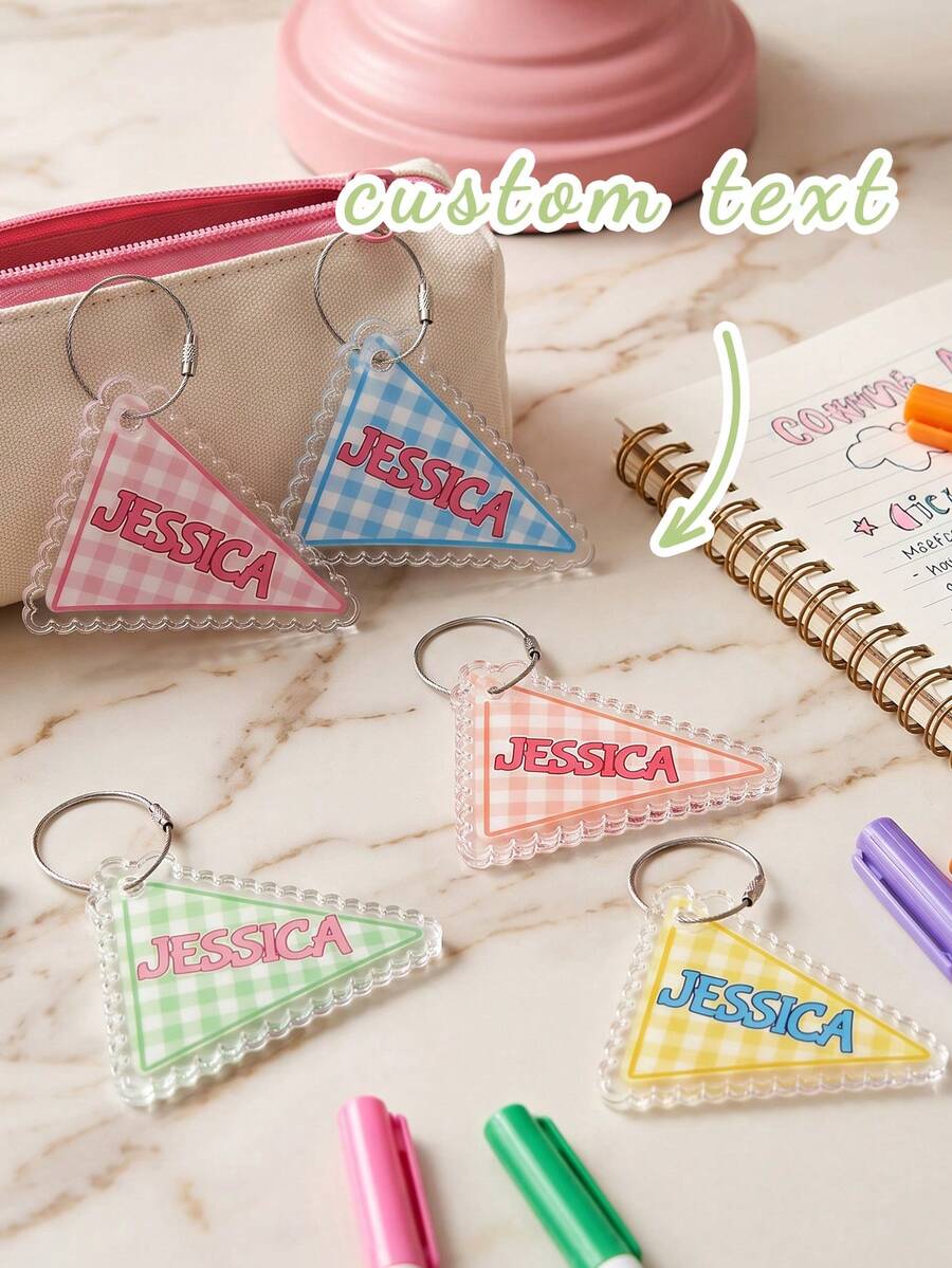 Personalized Custom Text Acrylic Keychain, Wavy Edge Triangle Pendant With Plaid Pattern, Customized Name Key Ring, Suitable For Water Bottle/Bag/Backpack/Laptop, Office, Teacher Gift, Student Gift, Birthday/Christmas/Holiday Surprise - Multicolor - View 1