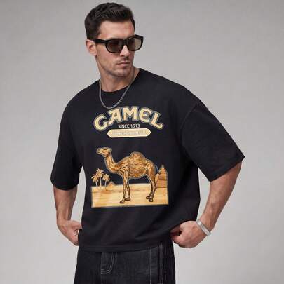 Camiseta Streetwear Para Hombre Manga Corta Estampado Desierto Con Camello Ajuste Relajado Estilo Retro Americano