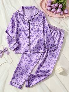Tween Girl Purple Leopard Print Long Sleeve Pants Pajama 2-Piece Set - Multicolor - View 7