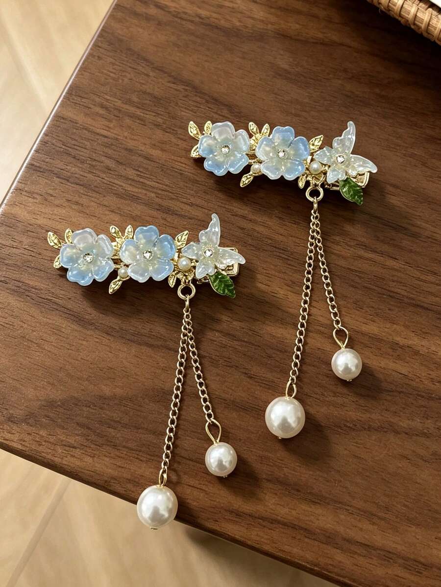 2pcs Semi-Transparent Glass Flower Pearl Pendant Bangs Clip, Luxury Gold Chain Dangle Hair Clip, Women's Gentle Atmosphere Hair Accessory - Multicolor - View 1