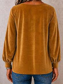 Women's Plus Size Notch Neck Button Front Blouse, Long Sleeve Loose Fit Soft Velvet Touch Casual Fall Top - Yellow - View 2