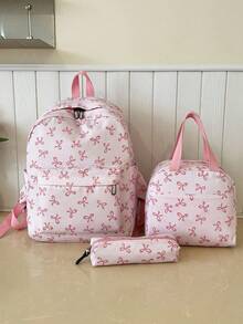 百搭時尚女款蝴蝶結印花雙肩包組合學生書包 - 粉色 - 查看 7
