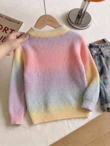 Girls Cute Gradient Color Embroidered Knit Pullover Sweater, Suitable For Vacation, Daily Wear, Spring, Autumn, Winter - Pink - View 5