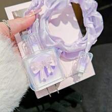 Dreamy Gradient Bowknot Charger Protective Case Set, Sparkling Rhinestone Cord Data Cable Protector Anti-Breakage, Compatible With Apple 20W Fast Charging Head - Mauve Purple - View 3