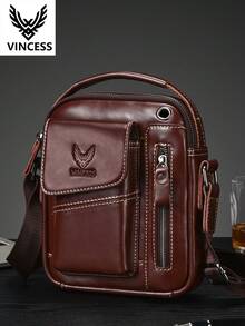 VINCESS 男士牛皮皮革斜挎包，男士真皮斜挎包，極簡休閒單肩包，附可調節式肩帶，柔軟皮革手機收納包，平板電腦單肩包，適合日常通勤與旅行，適合作為男士節日禮物 - 咖啡棕 - 查看 11