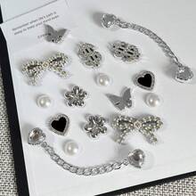 16pcs Silvery Heart Shaped Chain Shoe Charms | Bling Rhinestone Bow-Knot Dollar Shoes Decorations, Diy Removable Artificial Faux Bead Shoe Accessories - Silver - View 5