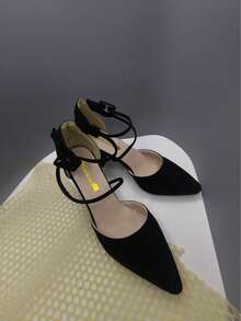 1 Pair Black High Heel Pumps With Woven Strap Buckle, Minimalist For Summer And Autumn Outdoor Wear - Black - View 2