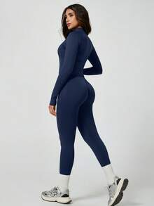 NcmRyu 1 Set Women Seamless Ribbed Zip Stand Collar Long Sleeve Top And High Waist Leggings Sports Suit - Navy Blue - View 3