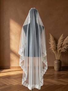1pc Single Layer Mantilla Bridal Veil With Lace Trim, Handmade Faux Pearl Decor And Hair Comb, Wedding Veil - White - View 5