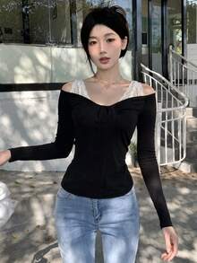 Sexy Halter Neck Cold Shoulder Lace Patchwork Fitted Top, Autumn/Winter New Style - Black - View 4