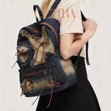 CEZIRA Ransel Denim Cuci CR Vintage Y2K, Lembut & Bernapas, Kapasitas Besar, Ransel Retro untuk Pelajar, Perjalanan, Aktivitas Luar Ruangan, Penggunaan Sehari-hari, Desainer Fesyen - Navy Blue - View 2