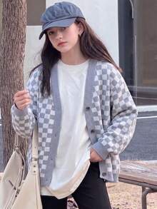 Girls' & Teens' Vintage Plaid Long Sleeve Knit Cardigan, Loose Fit Versatile Outerwear Sweater Top - Grey - View 2