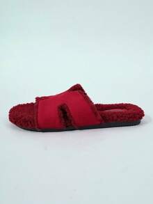 Women's Red Trim Faux Fur Slippers, Vintage Patchwork Design, Autumn/Winter Indoor/Outdoor Fuzzy Slides - Red - View 2