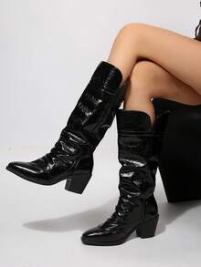 FVPFVP Sepatu Bot Wanita Bertumit Tinggi Model Slouch, Sepatu Bot Panjang Setinggi Lutut Bertumit Tebal Ujung Lancip untuk Musim Gugur/Dingin, Sepatu Bot Berkuda Ramping dengan Detail Kerut - Hitam - View 2