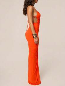 Women's Sexy Mesh Spaghetti Strap V-Neck Ruched Fitted High Slit Elegant Evening Party Nightclub Maxi Dress - Orange - View 7