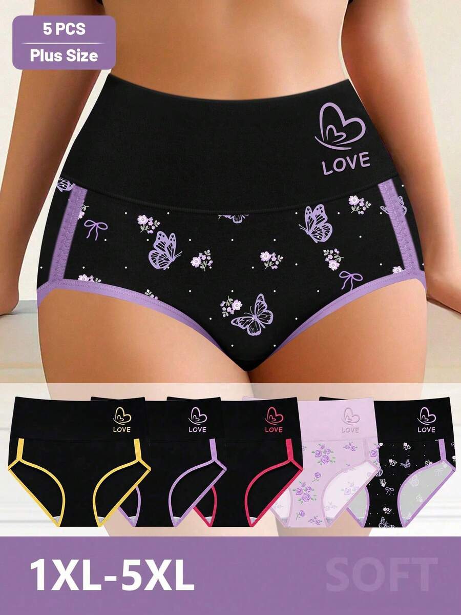MEIYATING 5pcs Plus Size Ladies Panties High Waist Fashionable Contrast Color Briefs