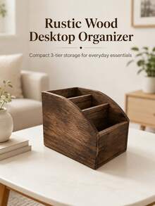 Solid Wood Remote Control Organizer Box | Retro Multi-Compartment Bedside Cabinet Storage Box For Living Room Desktop, Multipurpose Use, Shelf Baskets - Multicolor - View 2
