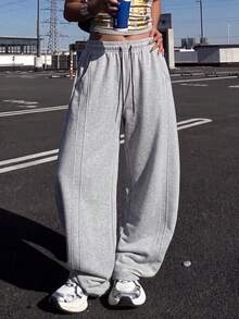 Knot & Curve Women's Sports Sweatpants Spring/Autumn Drawstring Elastic Waist Curved Leg Side Seam Stitching Design Loose Tapered Casual Streetwear Versatile Long Pants - Grey - View 7