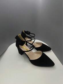 1 Pair Black High Heel Pumps With Woven Strap Buckle, Minimalist For Summer And Autumn Outdoor Wear - Black - View 1