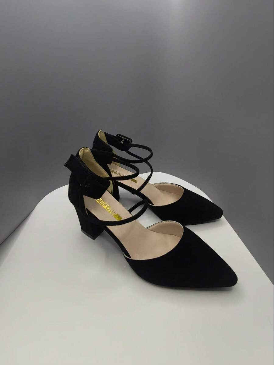 1 Pair Black High Heel Pumps With Woven Strap Buckle, Minimalist For Summer And Autumn Outdoor Wear - Black - View 1