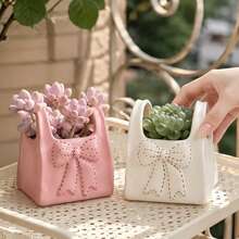 1pc Girly Style Handbag Shaped Flower Pot With Bow, Exquisite Embossed Design, Vanity Decor, Rental Home Soft Furnishing, Best Friend Gift, Desktop Succulent Planter Container - Handbag Planter - View 5