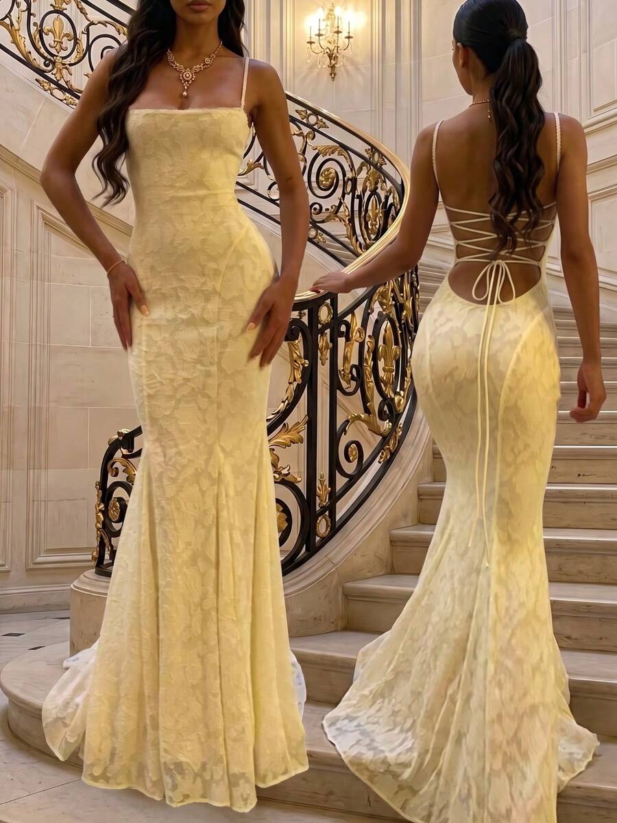 Spaghetti Strap Wedding Guest Dress, Elegant Party Holiday Summer Dress For Women Yellow - Yellow - View 1