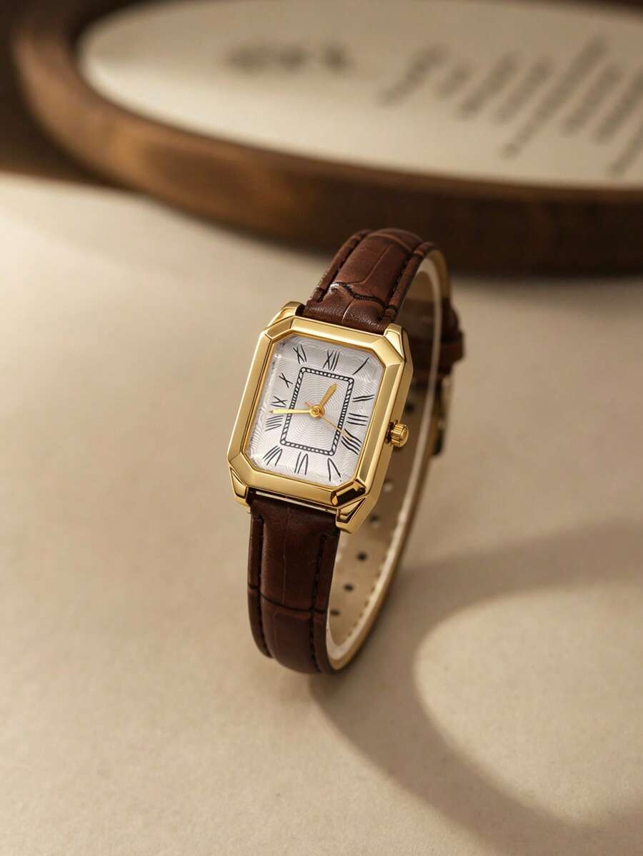 1pc Vintage Roman Numeral Square Watch For Women, Gold-Rimmed Case With Brown Textured Leather Strap, Wavy Dial, Artistic Commuter Luxury Quartz Wristwatch - Brown - View 1