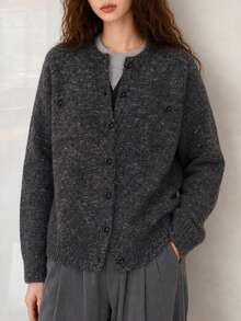 Women's Autumn/Winter Minimalist Lazy Casual Loose Round Neck Cardigan Jacket - Dark Grey - View 1