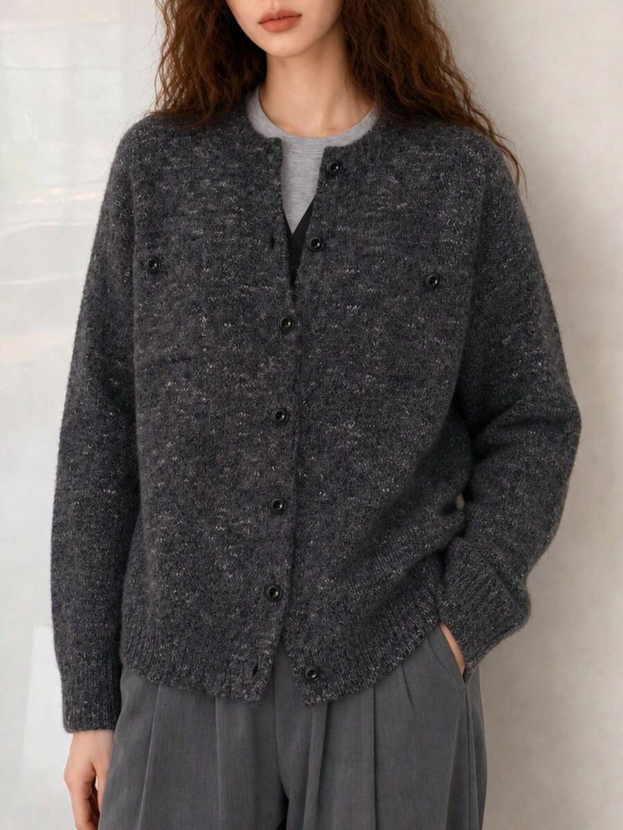 Women's Autumn/Winter Minimalist Lazy Casual Loose Round Neck Cardigan Jacket - Dark Grey - View 1