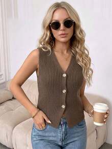 Women's V-Neck Knit Vest, Simple Versatile Daily Wear, Spring Summer Autumn Fashion Item, Button Front Open Sleeveless Cardigan Knit Top Fall - Brown - View 7