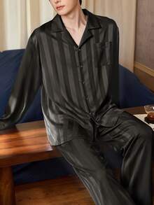 Gongdie 2pcs/Set Men's Pajama Set, Autumn/Winter Striped Silky Soft Loungewear With Pockets - Coffee Brown - View 2