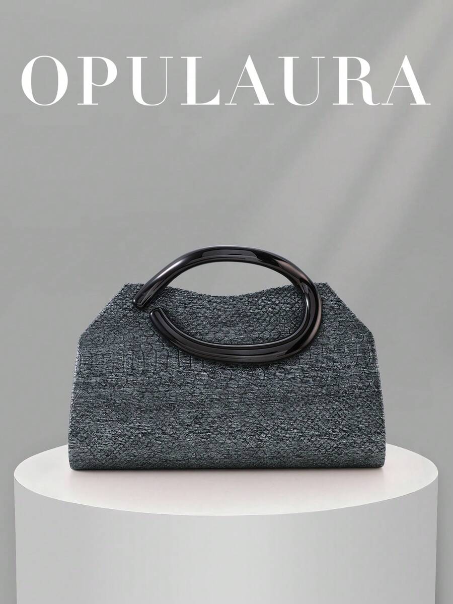 OpulAura 女士优雅时尚蛇纹灰色手提包,配有可拆卸金属肩带,是一款适合搭配正式礼服、婚礼、生日派对和毕业晚宴的奢华金属晚宴包。 - 灰色 - 查看 1