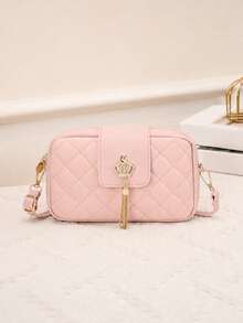 1pc Women's Luxury Quilted Small Square Bag, Crown Tassel Decor Crossbody Bag, Adjustable Strap Minimalist Versatile Camera Bag - M1915 - View 3