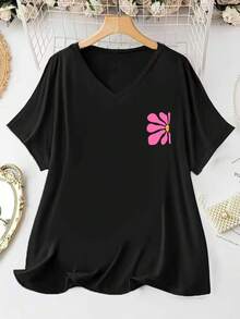Women's Plus-Size Clothing: T-Shirt With A Geometric Pattern On The Front And Back, Suitable For Casual Holidays; Relaxed Fit, Short Sleeves - Black - View 4