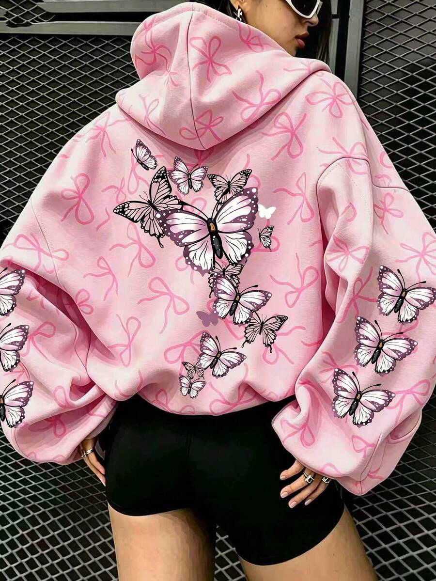 Sweatshirt Wanita Ukuran Besar Motif Kupu-kupu Lucu Warna Pink Muda, Gaya Y2K, Potongan Longgar Nyaman untuk Kembali ke Sekolah di Musim Gugur - Berwarna merah muda - View 1