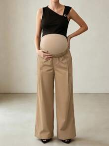 Bump Style Damen Umstands-Hose in Khaki mit weitem Bein - elastisches Bauchpanel, nicht dehnbarer Körper, geeignet für Arbeit, Lässig, tägliches Tragen | Umstands-Hose - Khaki - Übersicht 5