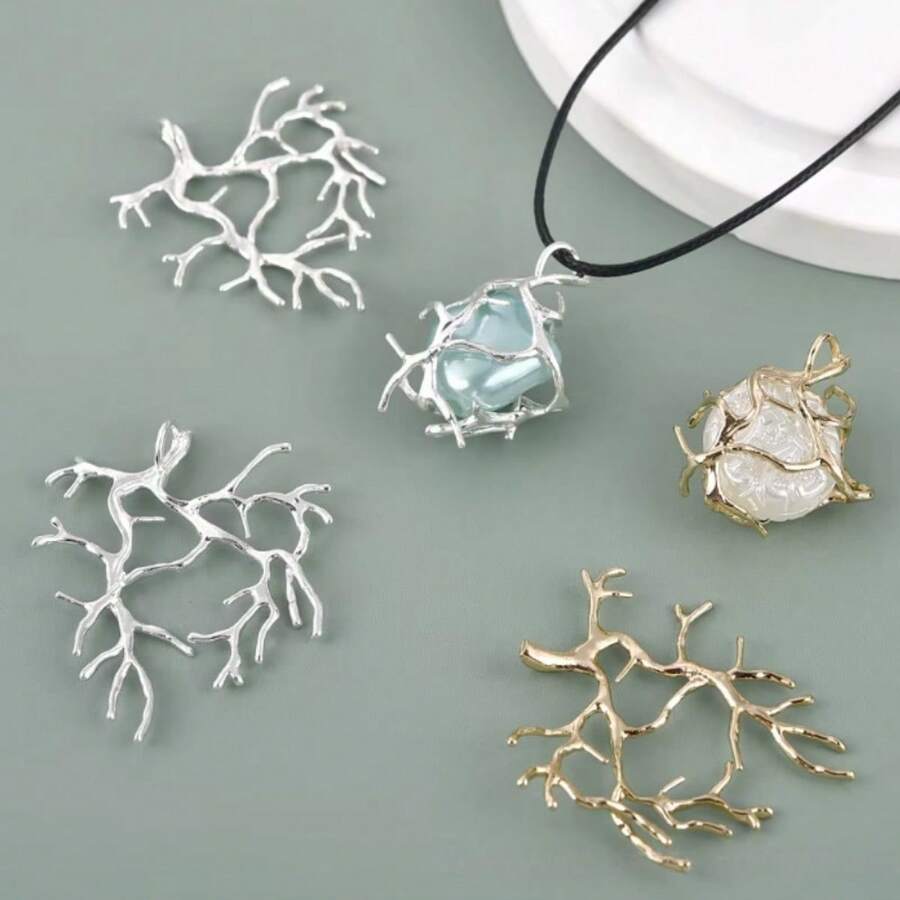 5pcs Gold & Silver Copper Tree Branch Pendant Bases, Suitable For DIY Handmade Crafts, Can Be Paired With Natural Gemstones, Crystals, Raw Stones, Pearls And Other Materials For Inlay Design - Multicolor - View 1