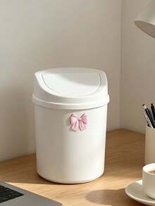 Cute Desktop Trash Can With Bow Decor,Mini Table Waste Bin,Portable Countertop Garbage Bucket,Flip Cover With Lid,For Bedroom,Dorm,Office,Makeup Desk,Countertop,Home Essentials,Unique Birthday Gift,Back-To-School Gift,Holidays Gift,Parties Gift - B - View 10