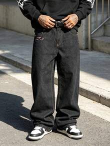 Men's New Embroidered Loose Straight Leg Jeans, Hip Hop Style Denim Pants, Suitable For Men And Boys - Black - View 5