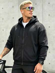 Men's Casual Black Cargo Zip-Up Hoodie With Drawstring Hood And Kangaroo Pocket, Soft Fabric - Black - View 1