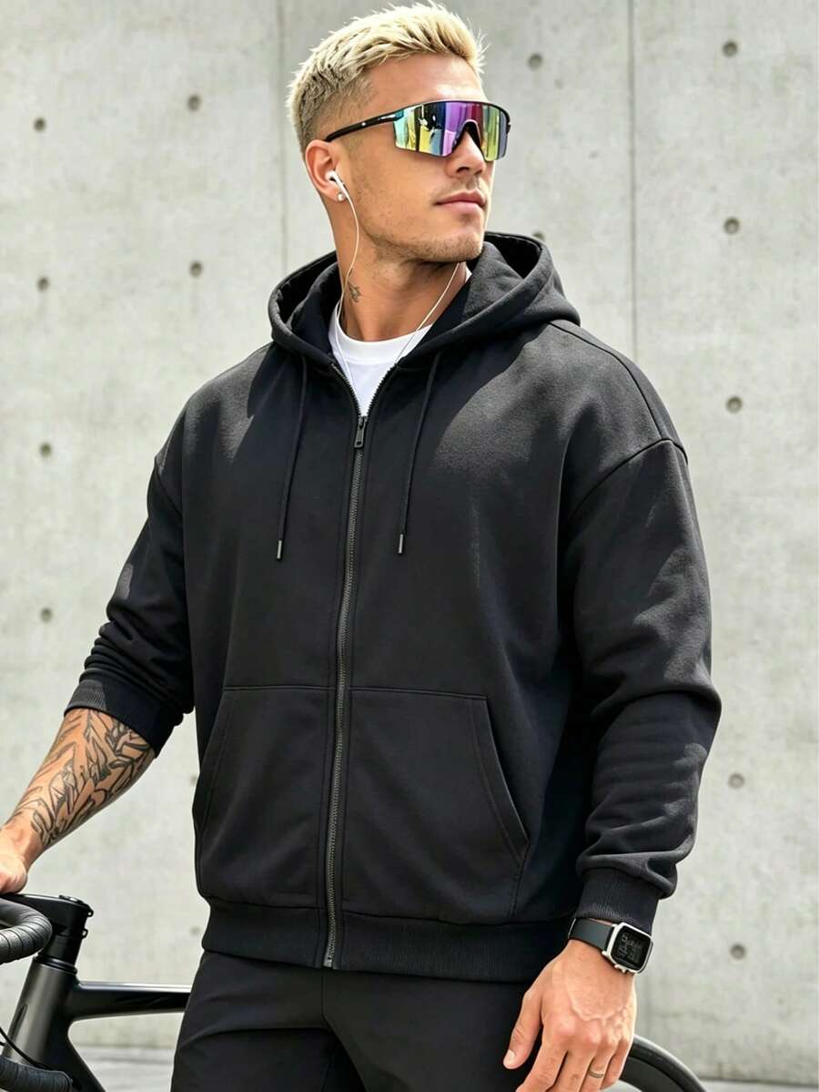 Men's Casual Black Cargo Zip-Up Hoodie With Drawstring Hood And Kangaroo Pocket, Soft Fabric - Black - View 1