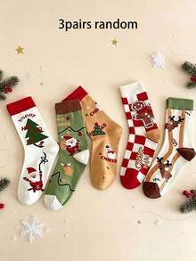 3/5 Pairs Random Style Christmas Mid-Calf Socks, Santa Claus Christmas Tree Gingerbread Man Reindeer Jacquard Casual Socks, Unisex Holiday Gift Socks - Multicolor - View 11