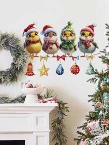 1pc Christmas 4 Birds With Santa Hats Bell Wall Decor Sticker, Removable Holiday Room Decoration For Bedroom, Living Room, Entryway - 1PC - View 3