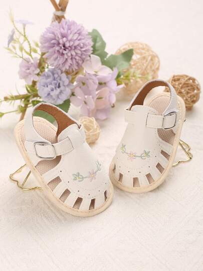 Sepatu Pra-Berjalan Bayi 0-18 Bulan, Sandal Musim Panas Tertutup dengan Bordir Bunga, Sepatu Kasual Sehari-hari untuk Anak Perempuan yang Bernapas