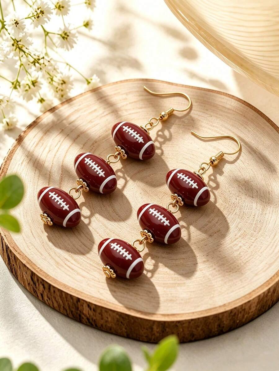 1Pair Sports Rugby Dangle Earrings For Women Gold Color Football 3Pcs Bead Drop Earrings Game Day Jewelry Party Accessory Gift For Sport Lovers - Earring - View 1